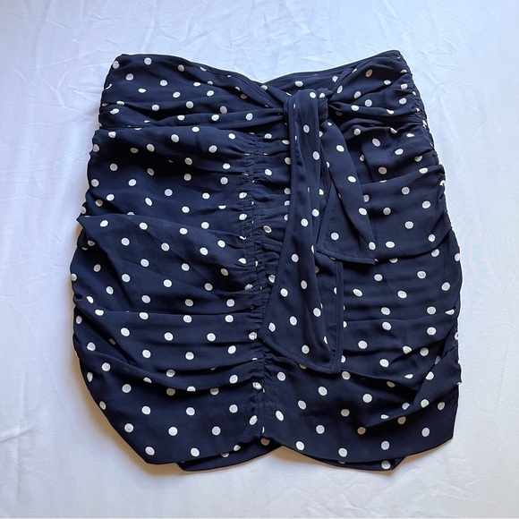 NWOT TANYA TAYLOR navy blue polka dot ruched tie detail mini skirt